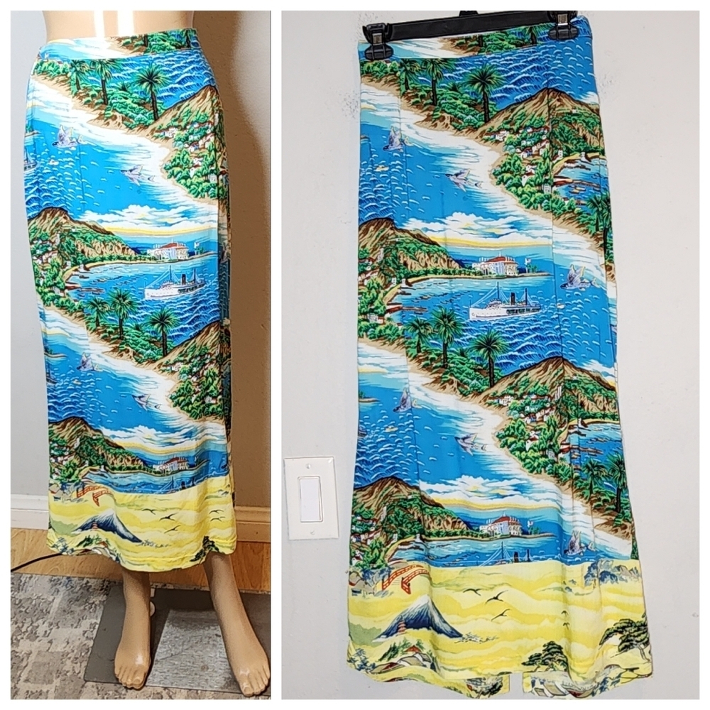 Clio Vintage‎ Beach Island Print maxi skirt. Pullon stretch waist. Small. Rayon.